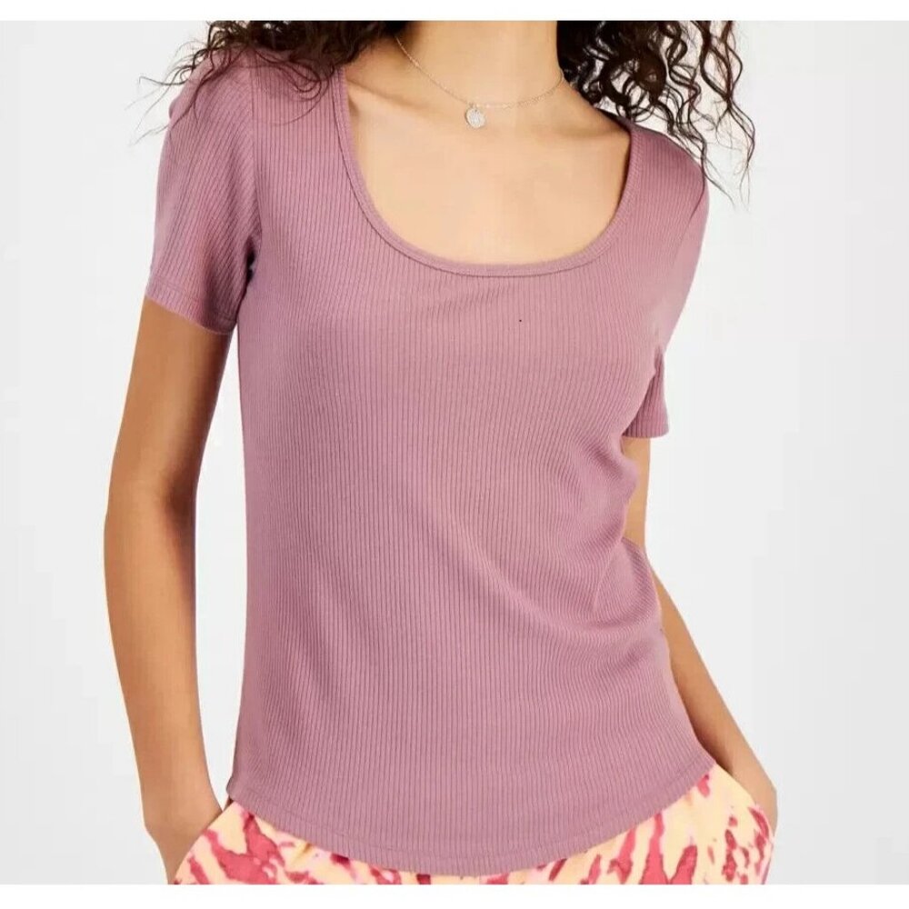 Jenni Women's Short Sleeve Ribbed Knit Lounge Pajama Top T-Shirt, Rose, XS